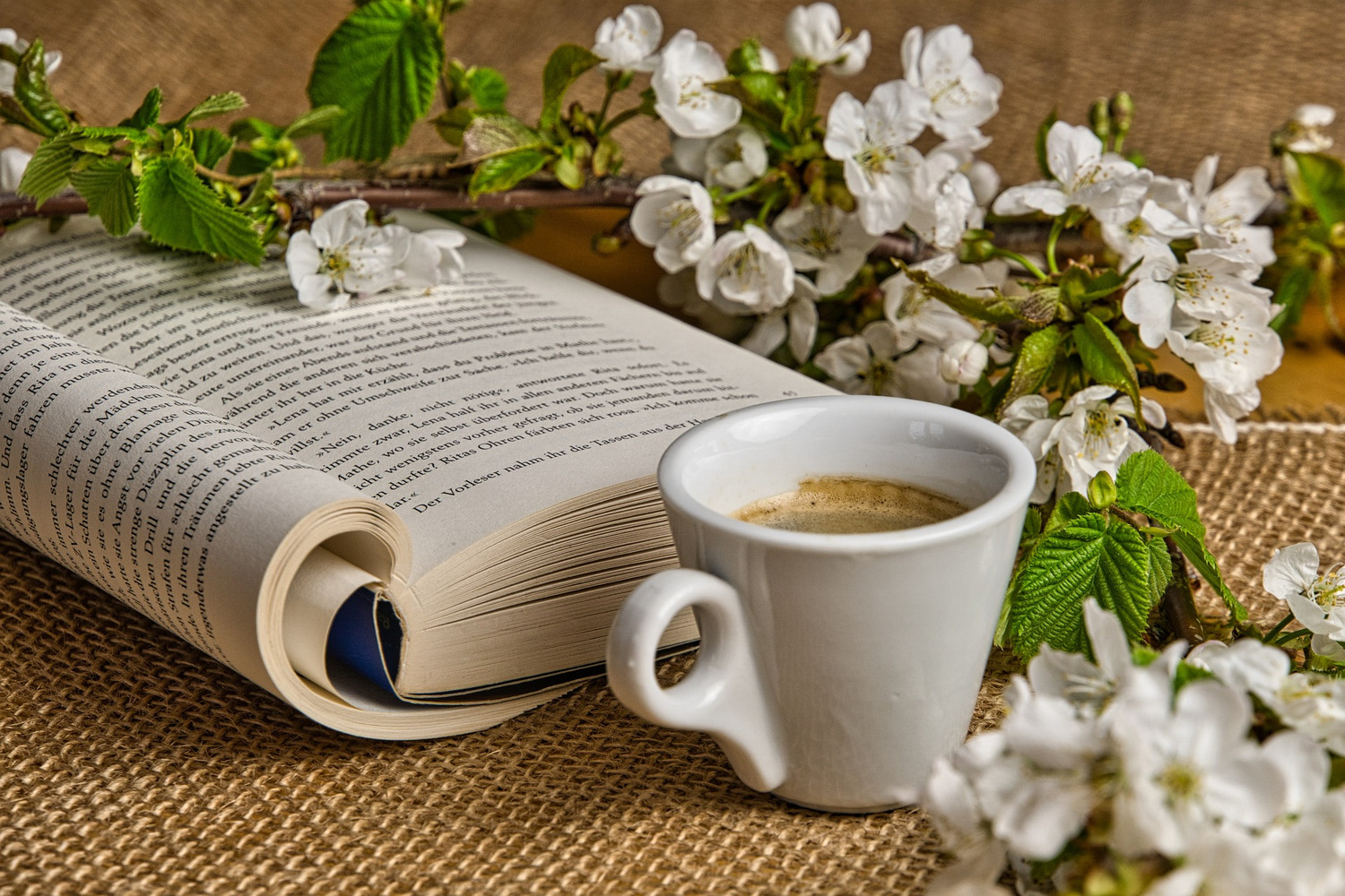 Schreiborte - Buch mit Kaffee und Blumen