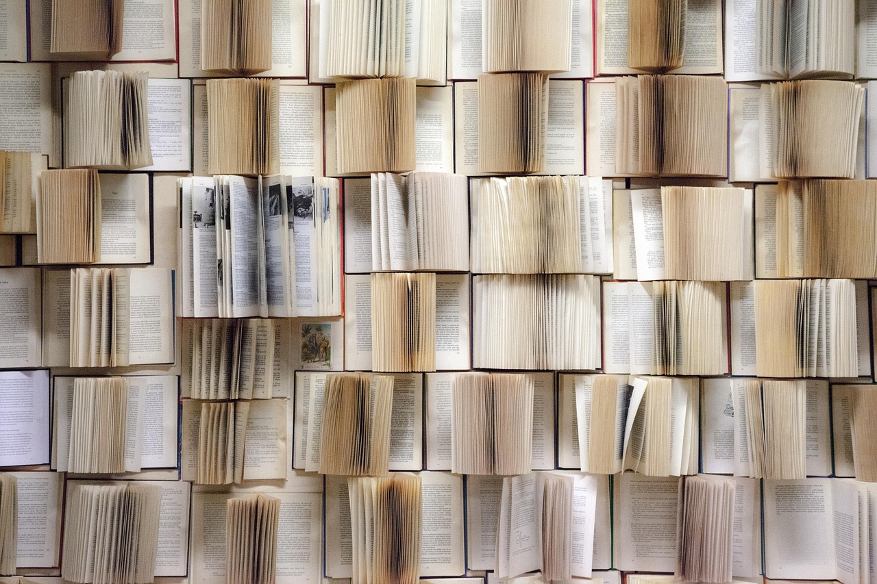 bücher aufgemacht auf einer wand
